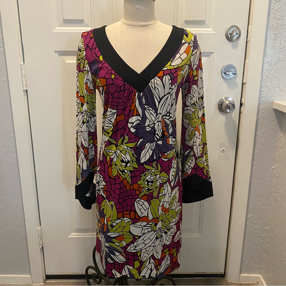 Trina Turk Black, White and multi color floral long sleeve dress